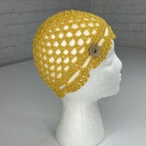 Created by Cyd‎ Juliet Yellow Crochet Beanie Open Knit Cotton Scalloped Hat New